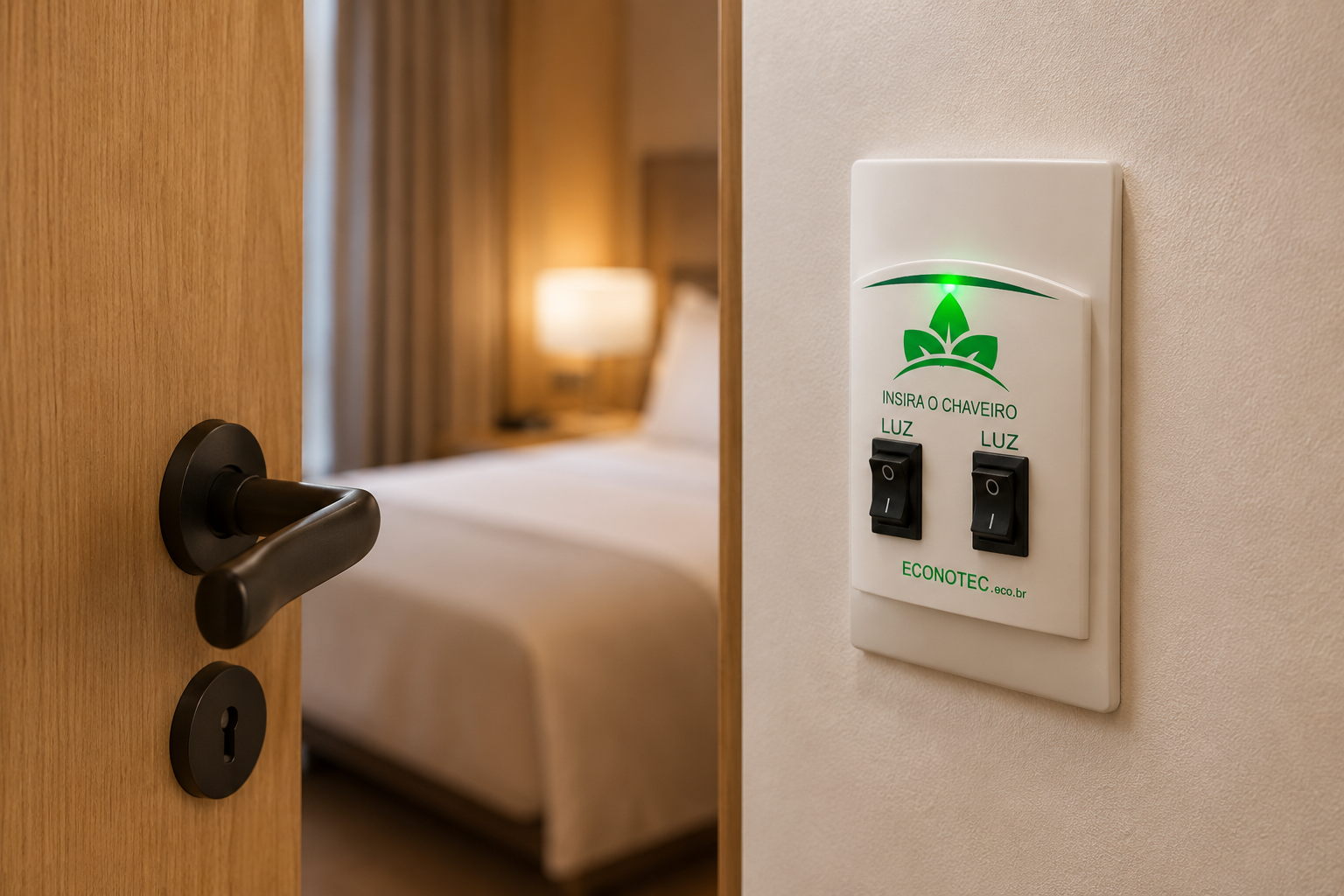 Economizador Econotec instalado na parede ao lado da porta do quarto